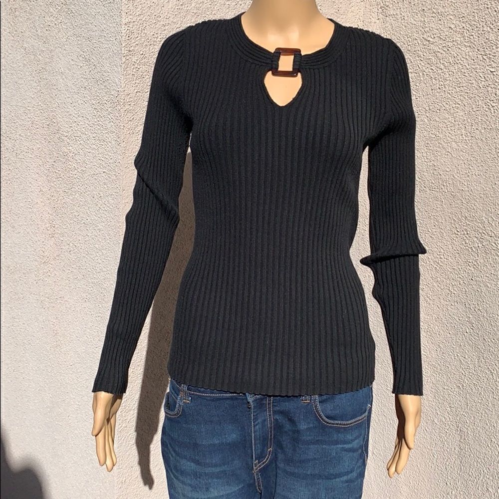 Chaus Black Large Ladies Slimming Ribbed Long Sleeve Sweater Tortoise Shell Neck